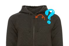 a brown hoodie with a question mark on the chest and an orange, blue, and red outline