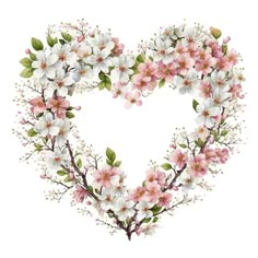 a heart shaped wreath with white and pink flowers in the shape of a heart on a white background