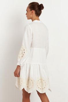 Leros Dress – NOMADIC Spring A-line Dress With Cutwork Hem, Spring A-line Dress With Embroidered Hem, Spring Mid-length Dress With Lace Trim, Mid-length Lace Trim Dress For Spring, Mid-length Summer Dress With Lace Trim, Mid-length Dresses With Lace Trim For Spring, Summer Knee-length Embroidered Dress For Daywear, Fitted Dress With Cutwork Hem For Daywear, V-neck Dresses With Embroidered Hem For Brunch