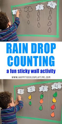 a young boy writing on a bulletin board with raindrop counting for toddlers and preschoolers