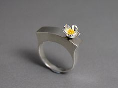 Yellow Flower Blossom Statement Ring Sterling Silver Painted Bright Yellow Enamel Elegant Yellow Flower Shaped Ring, Yellow Flower Ring For Anniversary, Elegant Yellow Flower-shaped Ring, Adjustable Yellow Flower Ring For Gift, Yellow Flower Ring For Wedding, Hollow Ring Design, Fall Jewelry Trends, Hollow Ring, Silver Paint