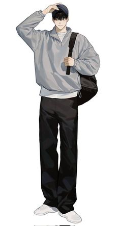 an anime character is standing with his hand on his head and wearing black pants, white shirt