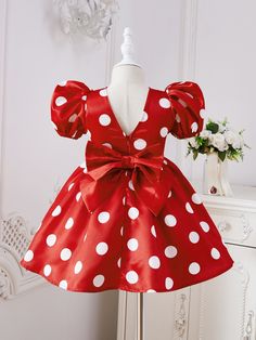 Young Girl Polka Dot Print Puff Sleeve Dress With Bow Red Party  Short Sleeve Woven Fabric Polka Dot Fit and Flare Non-Stretch  Young Girls Clothing, size features are:Bust: ,Length: ,Sleeve Length: Shein Kids, Red Party, Black Tank Dress, Printed Sleeveless Top, Puff Sleeve Dress, Knitting Girls, Puffed Sleeves Dress