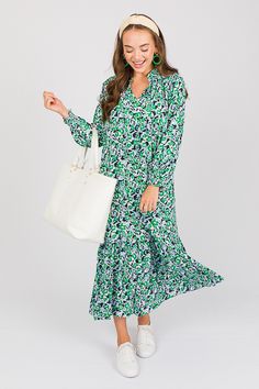 Joanna Flowers Maxi, Green - New Arrivals - The Blue Door Boutique Fall Vacation Maxi Dress With Ruffle Hem, Fall Green Maxi Dress With Ruffle Hem, Green Ruffle Hem Maxi Dress For Fall, Green Maxi Dress With Ruffle Hem For Fall, Green Button-up Maxi Dress For Day Out, Green Floral Print Maxi Kaftan, Green 3/4 Sleeve Maxi Dress For Summer, Elegant Green Button-up Maxi Dress, Green Button-up Maxi Dress For Daywear