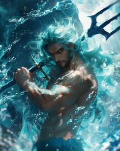 Hades Greek God Art, Poseidon Greek Mythology, Mermaid Stories, Greek Pantheon, Aqua Hair, Waves Ocean, Character Inspiration Male, Characters Inspiration Drawing, Greek Gods And Goddesses