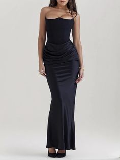 Backless Bodycon Maxi Gown 파티 드레스, Moda Streetwear, Strapless Corset, Strapless Maxi, Bodycon Maxi Dresses, Satin Maxi, Strapless Maxi Dress, Satin Maxi Dress, Libya