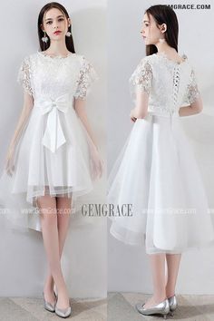 10% off now|Free shipping world-wide. Gorgeous White Big Bow Tulle Party Dress High Low with Lace at GemGrace. Click to learn our pro custom-made service for wedding dress, formal dress. View for more ideas. Homecoming Dresses Sleeves, Homecoming Dresses High Low, Illustration Dress, Modest Homecoming Dresses, Trendy Dress Styles, Delicate Gown, Backless Homecoming Dresses, White A Line Dress, Dress High Low