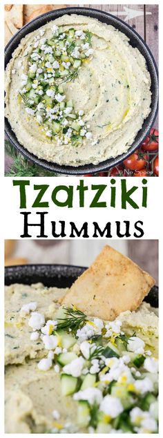 hummus dip in a black bowl with tortilla chips on the side and text overlay that reads, tzatzki hummus