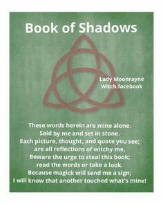 the book of shadows is written in red and green with an image of two intertwined circles