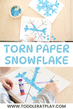 an easy snowflake craft for toddlers to make with paper and glue on the table