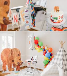 a collage of photos with balloons and decorations in the shape of animals, bears, and kites