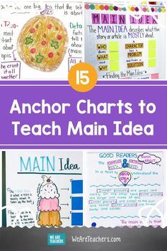 an anchor chart with the title 15 anchor charts to teach main idea