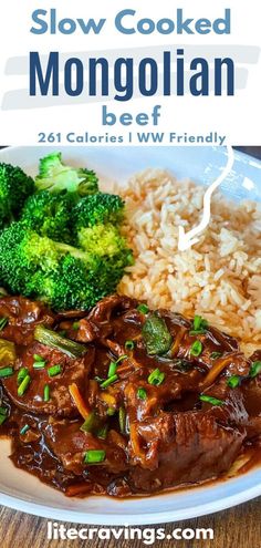 a white plate topped with beef and rice next to broccoli