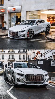 two different cars parked in front of a building