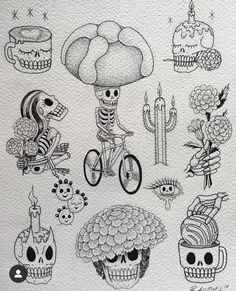 a drawing of skulls and skeletons on bicycles with flowers, candles, cakes and other items