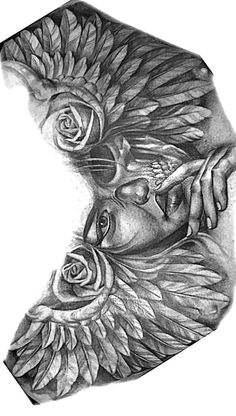 a drawing of a woman's face with feathers and roses on her head, in the shape of a half moon