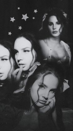 black and white photograph of four women with stars on their head, one woman has her hand under her chin