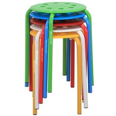 multicolored plastic stools stacked on top of each other