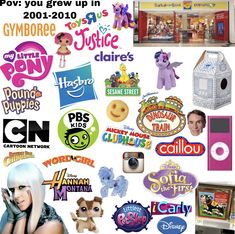 various logos and stickers on a white background with an advertisement for toys r us