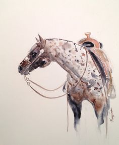 a watercolor painting of a horse with a bridle on it's back