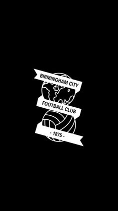 the birmingham city football club logo is shown in black and white on a dark background