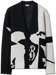 black/white wool blend patterned intarsia knit drop shoulder V-neck front button fastening ribbed cuffs and hem Designer Black Wool Cardigan, Designer White Fall Cardigan, Designer White Cardigan For Fall, Black Jacquard Knit Cardigan, Designer Jacquard Knit Winter Cardigan, Designer White Winter Cardigan, Designer Black Long Sleeve Cardigan, Burberry Knitwear, Burberry Sweater