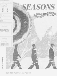 the cover art for seasons wave it earth, featuring two men walking in front of mountains