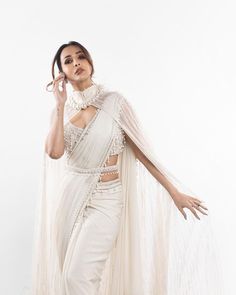 Cape saree Cape Saree Design, Pearl Cape Saree, Shrug Saree Design, Saree With Overcoat