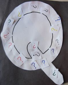 a paper plate with question marks on it and a piece of white paper taped to the side