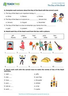 the day of the dead worksheet with pictures and words to help students understand what they