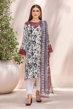 Printed Cambric Front EMB Neck Patch EMB Sleeves Motif Printed Cambric Back Printed Cambric Sleeves Crystal Slub Dupatta Cambric Trouser Color: Off White Winter Suits, Embroidered Neckline