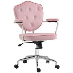 a pink office chair with wheels and casteors on the back, against a white background