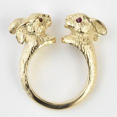 Lucky Golden Rabbits Ring in Gold with Rubies - Goldmakers Fine Jewelry Rabbit Things, Rabbit Ring, Golden Rabbit, Lawrence Kansas, Artfully Designed, Black Diamond Ring Engagement, Animal Rings, Crafted Jewelry, Free Gift Wrapping