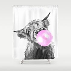 a shower curtain with a black and white image of a scottish terrier holding a pink ball in it's mouth