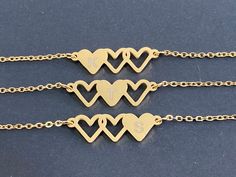 The triple heart charm measures 1 inch and is made of stainless steel Chain length: 6 inches with a 1-inch extender made of stainless steel Color: gold This bracelet is custom made by hand with love and care in my workshop. Matching Bracelets For 6 Friends, 3 Best Friend Bracelets Jewelry, Matching Bracelets For 5 Friends, 3 Bff Bracelets, Three Best Friends Bracelets, 3 Best Friends, Triple Heart, Best Friend Bracelets, Sister Bracelet