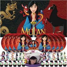 the mulan movie is shown with its characters and their name on it's plate