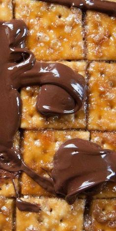 chocolate is drizzled on top of squares of food