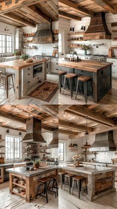 the kitchen is decorated in rustic wood and has an island with stools on it