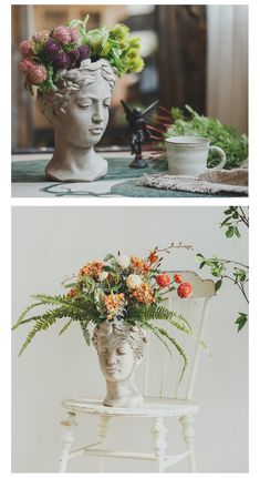 two pictures with flowers in vases on top of a chair and an old statue