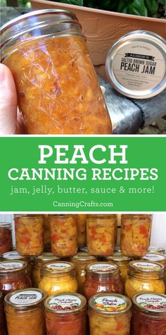 jars filled with food sitting on top of a shelf next to each other and the words peach canning recipes