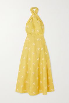 Erdem effortlessly champions femininity and romance. The vibrant yellow backdrop of this linen 'Selene' dress bathes the dainty embroidered flowers in sunshine. It has a crossover halterneck and a sash belt that ties into a pretty bow at the open back. Complement yours with strappy sandals. Yellow Linen Dress, Yellow Dress Casual, Dress With Flowers, Yellow Midi Dress, Linen Midi Dress, Dress For Woman, Embroidered Linen, Sash Belt, Linen Dresses