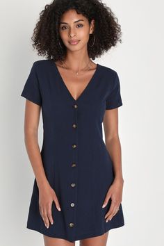 Everyday Sweetness Navy Button-Up Mini Dress With Pockets Short Sleeve Dresses Casual, Navy Outfits For Women, Classic Dresses For Women, Navy Blue Dress Casual, Everyday Dresses Casual, White Lace Skater Dress, Burgundy Mini Dress, Dark Red Dresses, Thrift Inspo