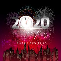 happy new year greeting card with fireworks and cityscape in the background - stock photo