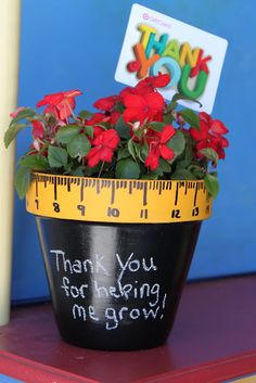 a potted plant with red flowers and a measuring tape on it that says thank you for helping me grow