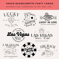 the vegas bachelor party logos are shown in black and white, including las vegas casino