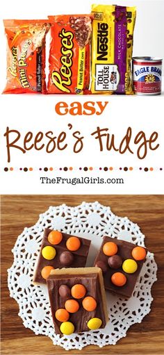 an easy reese's fudge cake with candy on the top and in the middle