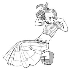 a drawing of a woman in striped shirt and skirt sitting on the ground with her hands behind her head