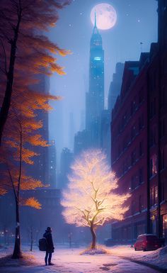 a person standing in the snow next to a tree and building with a full moon