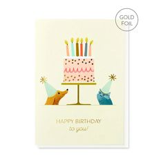 a birthday card with a dog looking at a cake and candles on it that says happy birthday to you