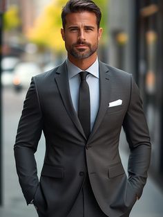 The perfect dark gray suit for any occasion. Visit our website today.   #SuitCentury #menssuitstyle #mensfashion #menssuits #mensstyle #suitstyle #suits #menstyle #suitup #menswear #suitandtie #men #dapperfashion #style #suitsformen #mensfashionblog #suited Dark Grey Mens Suit, Dark Grey 3 Piece Suit Men, Dark Charcoal Grey Suit Men, Light Grey Suits Wedding, Classic Gray Single Button Suit, Elegant Gray Single-button Suit, Mens Work Outfits, Grey Tuxedo